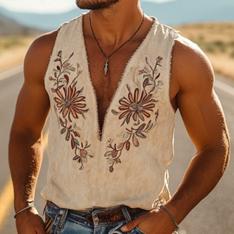 【24-hour shipping out】Men's Spring and Summer Classic Western Cowboy Style Thin Suede Embroidered Deep V-neck Tank Top 00494118K