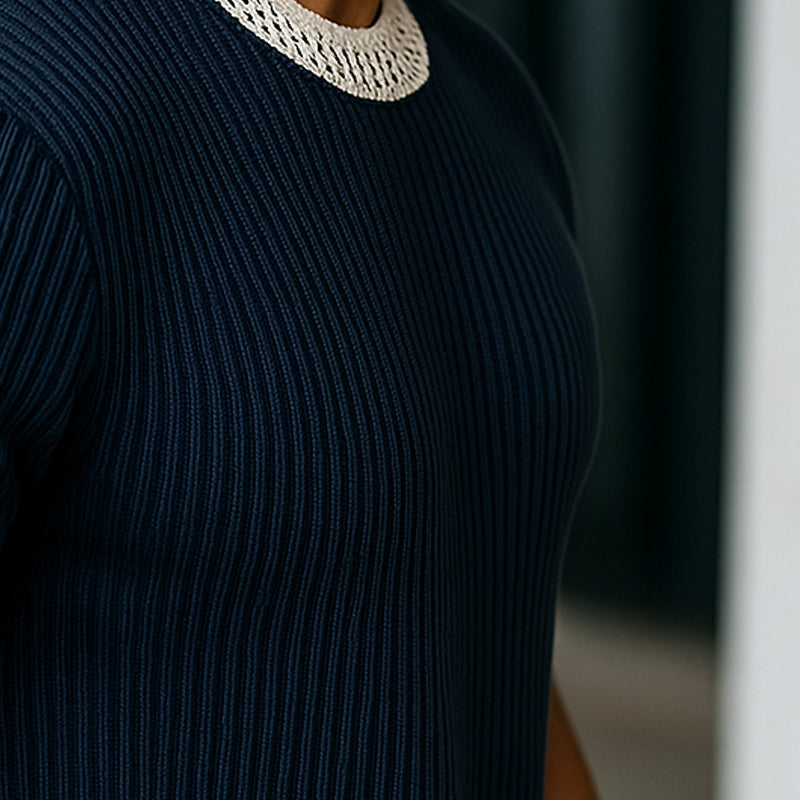 【24-hour shipping out】Men's Contrast Web Round Neck Knitted Short Sleeve T-Shirt MTA1895C3X
