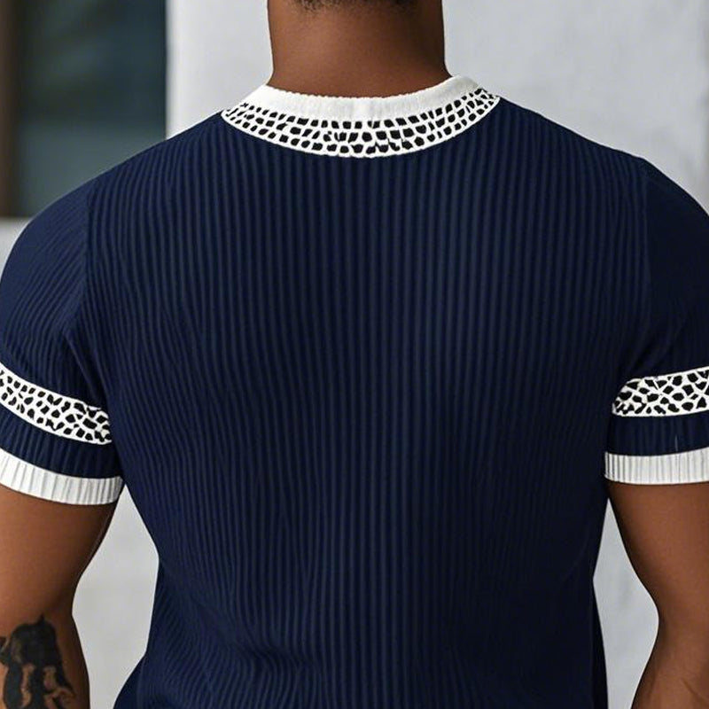 【24-hour shipping out】Men's Contrast Web Round Neck Knitted Short Sleeve T-Shirt MTA1895C3X
