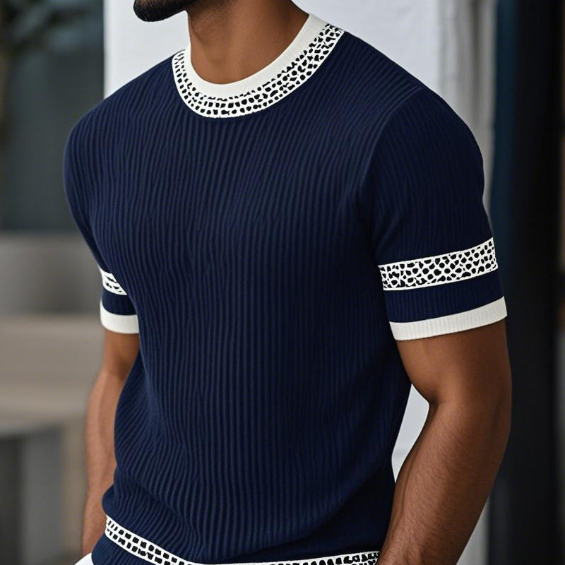 【24-hour shipping out】Men's Contrast Web Round Neck Knitted Short Sleeve T-Shirt MTA1895C3X