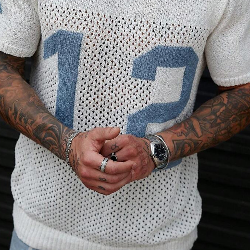 【24-hour shipping out】Men's Sport Lettering Jacquard Crew Neck Short Sleeve Sweater T-Shirt MTA1856C1X