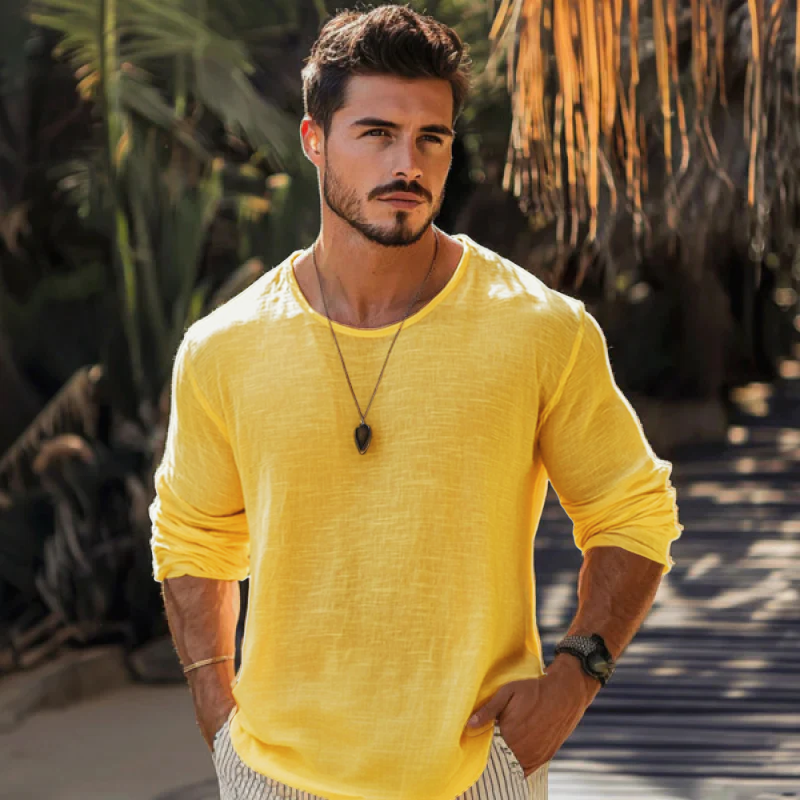 【24-hour shipping out】Men's Casual Cotton Linen Round Neck Loose Long Sleeve T-Shirt MTA1461C1M