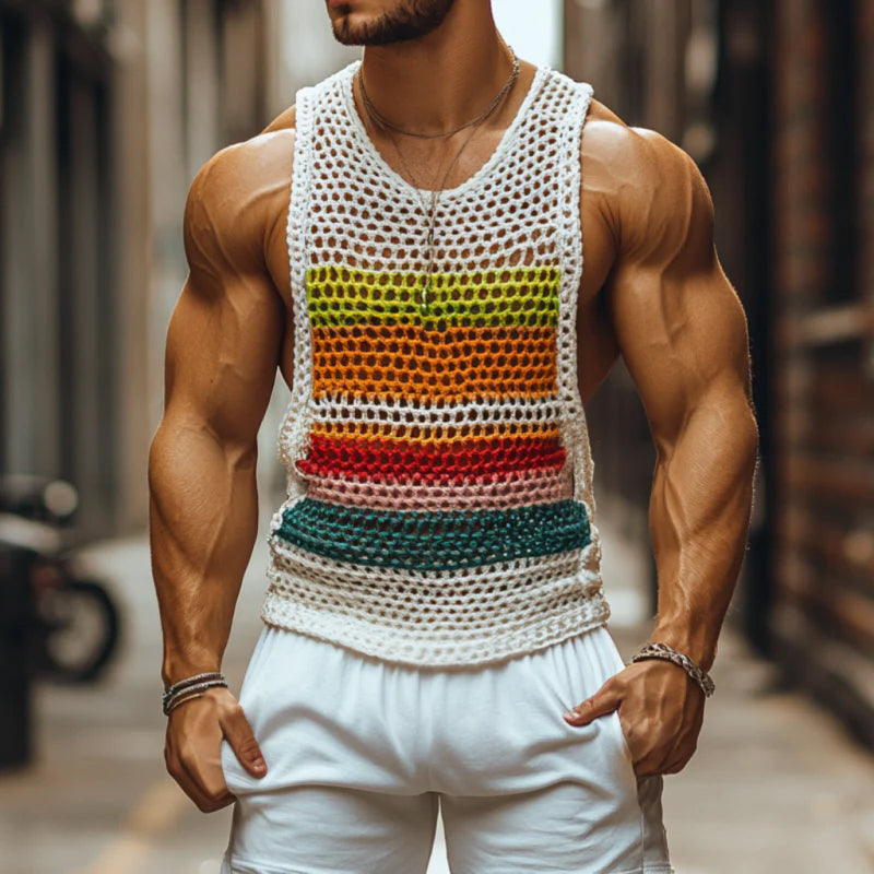 【24-hour shipping out】Men's Casual Round Neck Color Striped Crochet Tank Top MTA0774D7M