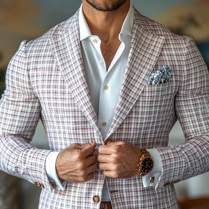【24-hour shipping out】Men's Fashion Spring Summer Checked Notch Lapel Two Buttons Blazer 27493292Z