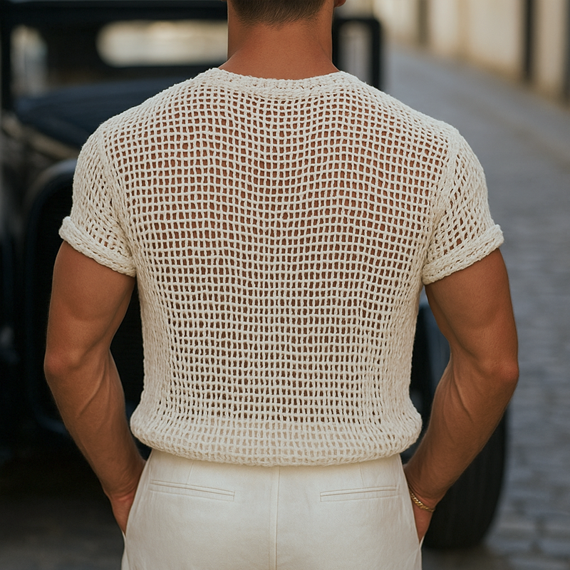 Men's Solid Knit Hollow Henley Collar Short Sleeve T-shirt MTA1643F1Z