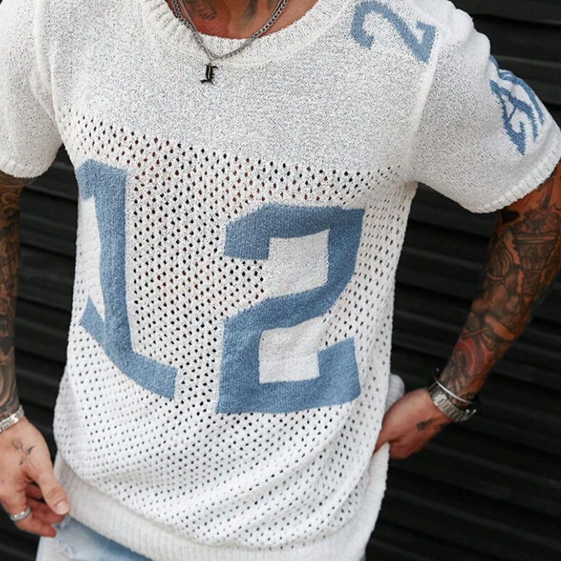 【24-hour shipping out】Men's Sport Lettering Jacquard Crew Neck Short Sleeve Sweater T-Shirt MTA1856C1X
