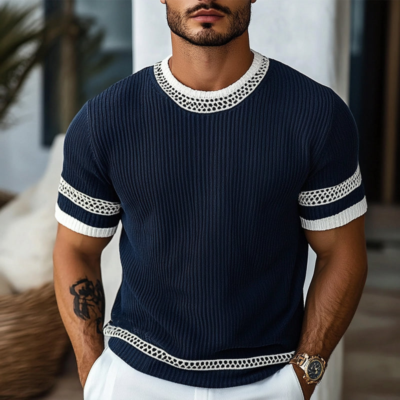 【24-hour shipping out】Men's Contrast Web Round Neck Knitted Short Sleeve T-Shirt MTA1895C3X
