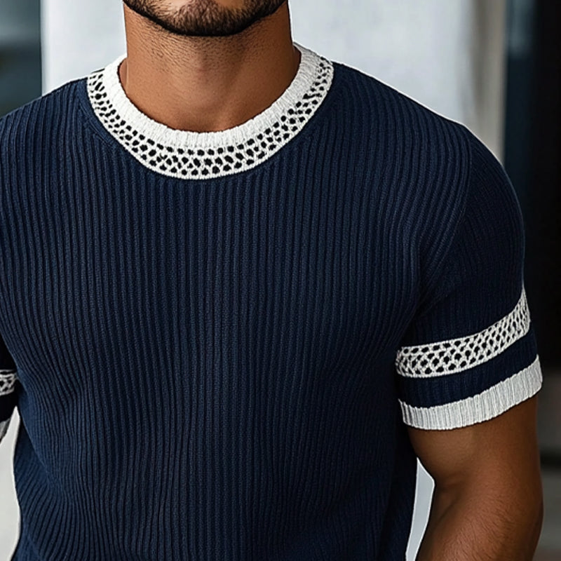 【24-hour shipping out】Men's Contrast Web Round Neck Knitted Short Sleeve T-Shirt MTA1895C3X