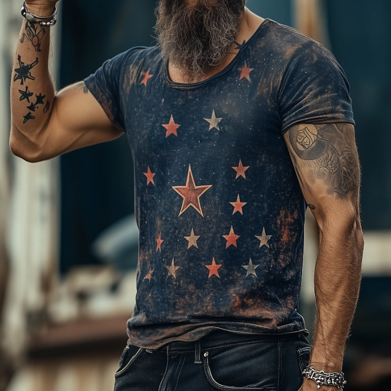 【24-hour shipping out】Men's Retro Casual Star Universe Printed Round Neck Short Sleeve T-Shirt MTA2112C7TO