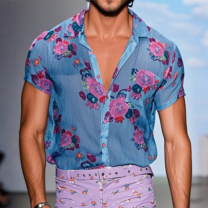 【24-hour shipping out】Men's Retro Casual Mesh Printed Floral Lapel Short Sleeve Shirt MTA1435D2TO