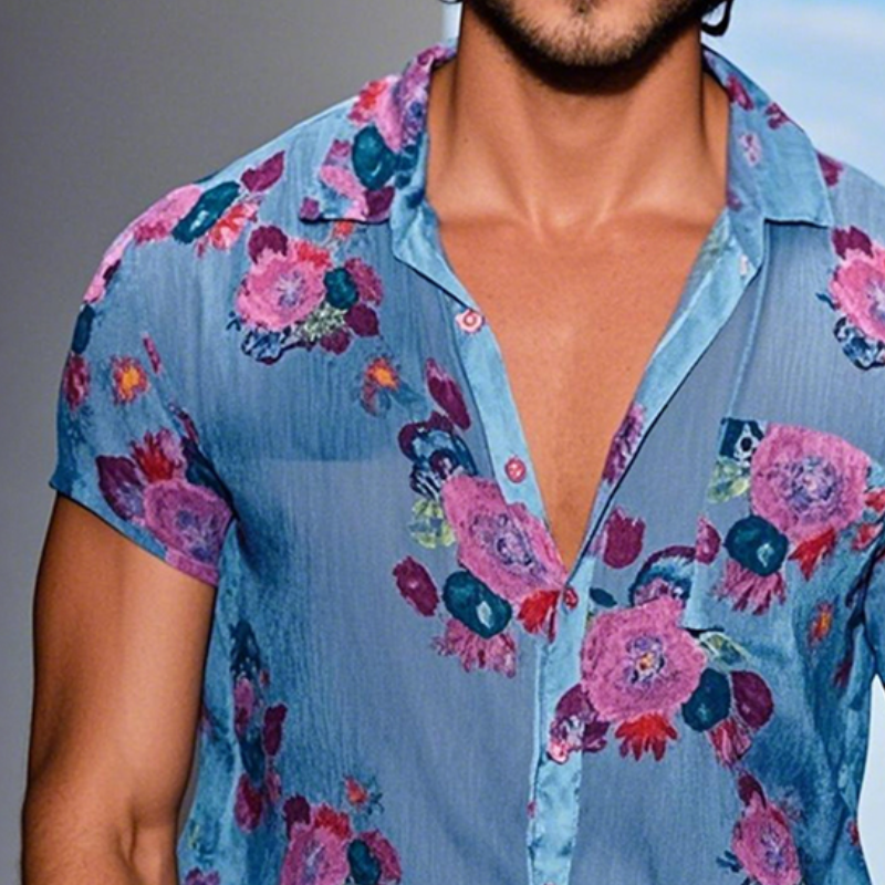 【24-hour shipping out】Men's Retro Casual Mesh Printed Floral Lapel Short Sleeve Shirt MTA1435D2TO