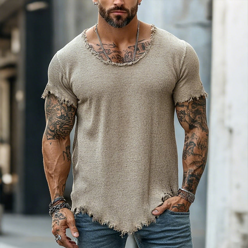 【24-hour shipping out】Men's Retro Casual Raw Edge Ripped Round Neck Short Sleeve T-Shirt MTA2587D5TO