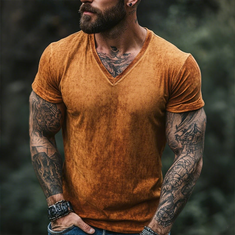 【24-hour shipping out】Men's Retro Casual Shabby Printed V-Neck Short Sleeve T-Shirt MTA2555D1TO