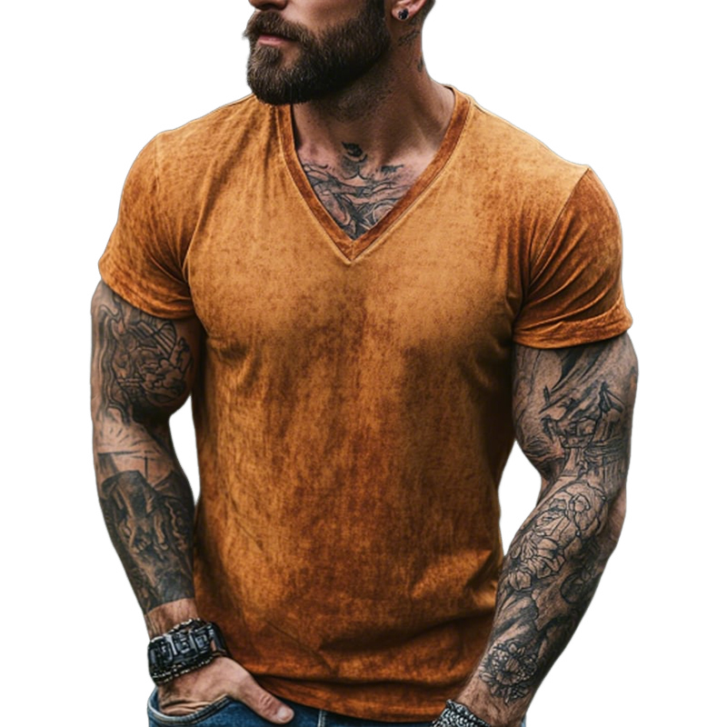 【24-hour shipping out】Men's Retro Casual Shabby Printed V-Neck Short Sleeve T-Shirt MTA2555D1TO
