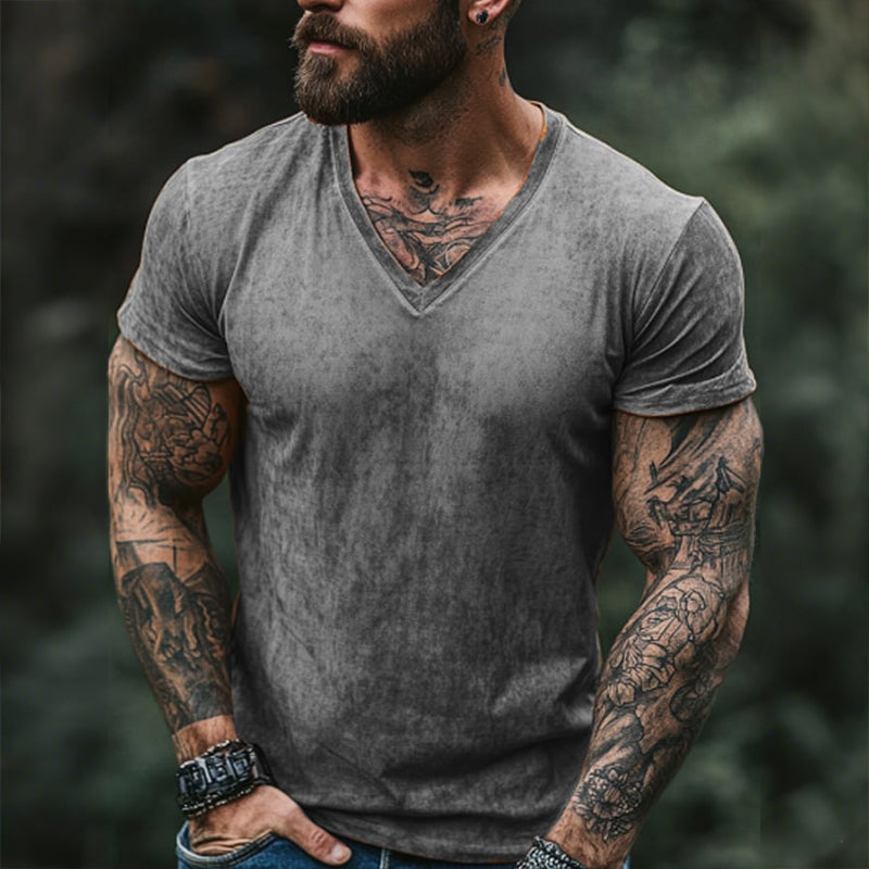 【24-hour shipping out】Men's Retro Casual Shabby Printed V-Neck Short Sleeve T-Shirt MTA2555D1TO