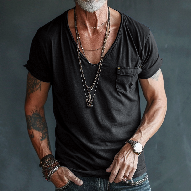 【24-hour shipping out】Men's V Neck Breast Pocket Short Sleeve Cargo T-shirt 63249043Z