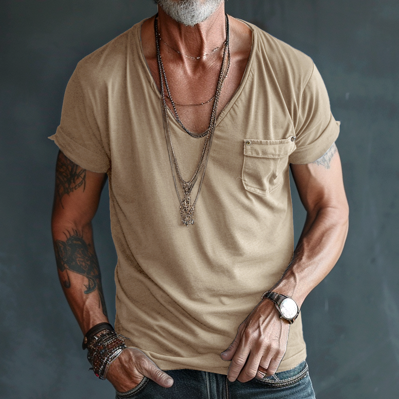 【24-hour shipping out】Men's V Neck Breast Pocket Short Sleeve Cargo T-shirt 63249043Z