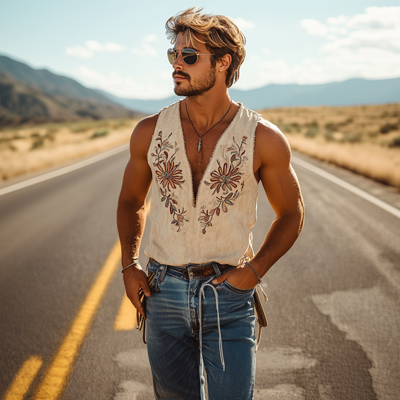 【24-hour shipping out】Men's Spring and Summer Classic Western Cowboy Style Thin Suede Embroidered Deep V-neck Tank Top 00494118K