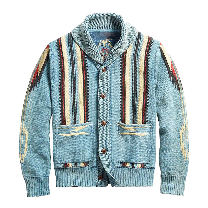 Men's Vintage Jacquard Lapel Single Breasted Long Sleeve Knit Cardigan 51482095M