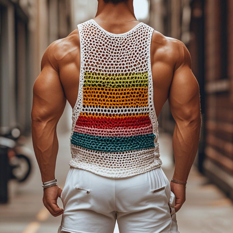 【24-hour shipping out】Men's Casual Round Neck Color Striped Crochet Tank Top MTA0774D7M