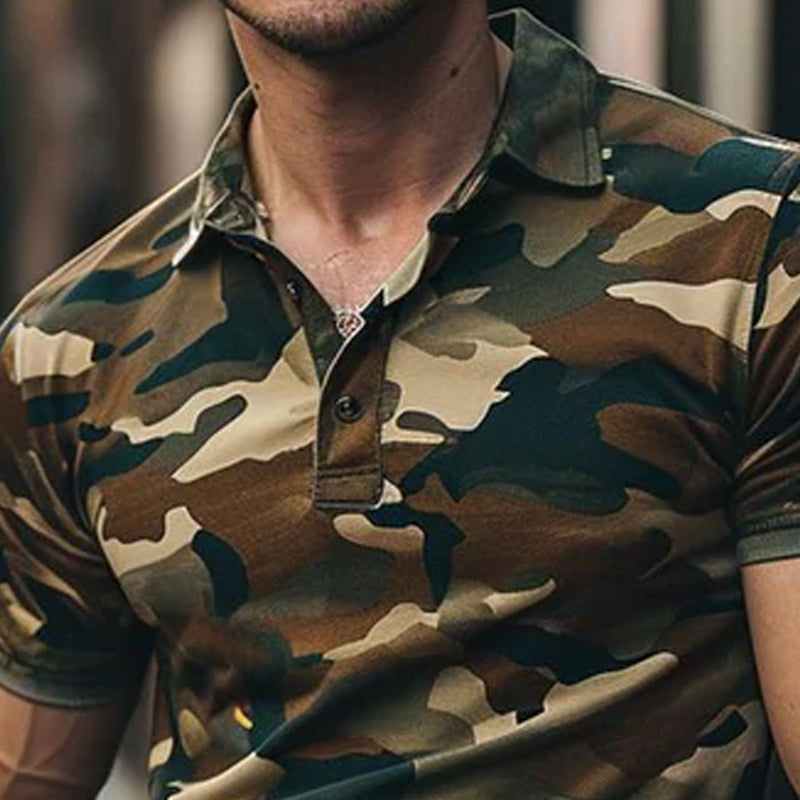 Men's Casual Camo Cotton Blend Lapel Short Sleeve Polo Shirt 35336754M
