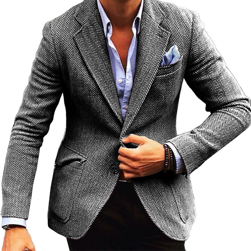 Men's Vintage Herringbone Wool Blend Lapel Single Breasted Blazer 84719153M