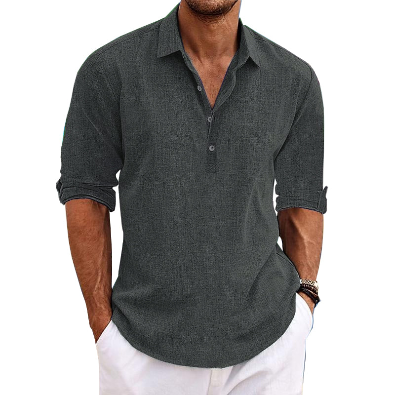Men's Casual Solid Color Pullover Lapel Roll-Up Cotton and Linen Sleeve Long Sleeve Shirt 41061054Y