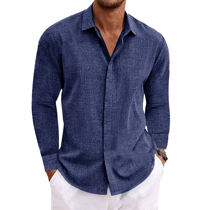 Men's Casual Solid Color Cotton Linen Lapel Slim Fit Long Sleeve Shirt