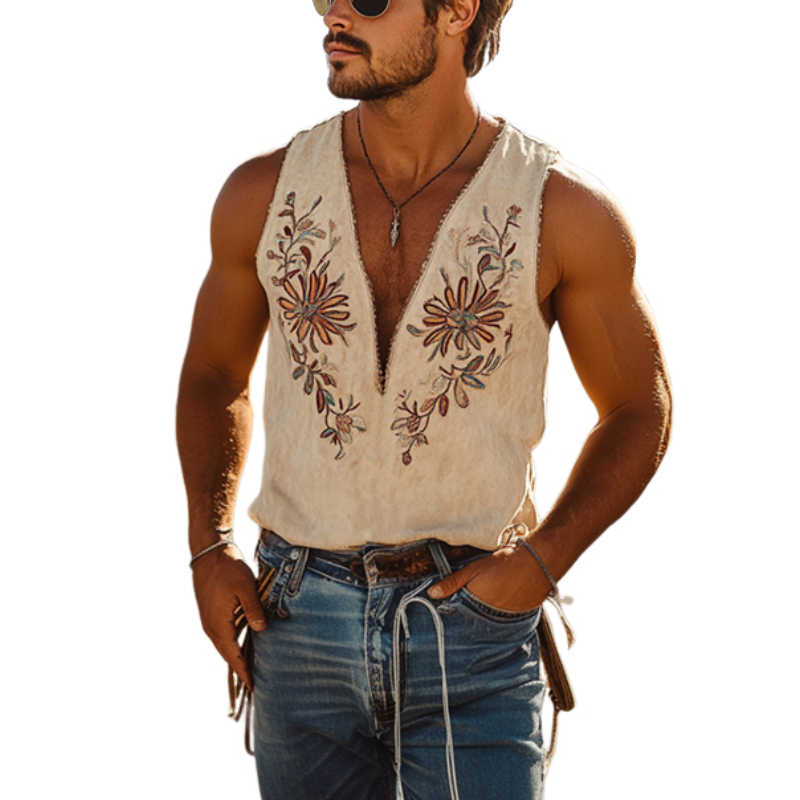 【24-hour shipping out】Men's Spring and Summer Classic Western Cowboy Style Thin Suede Embroidered Deep V-neck Tank Top 00494118K