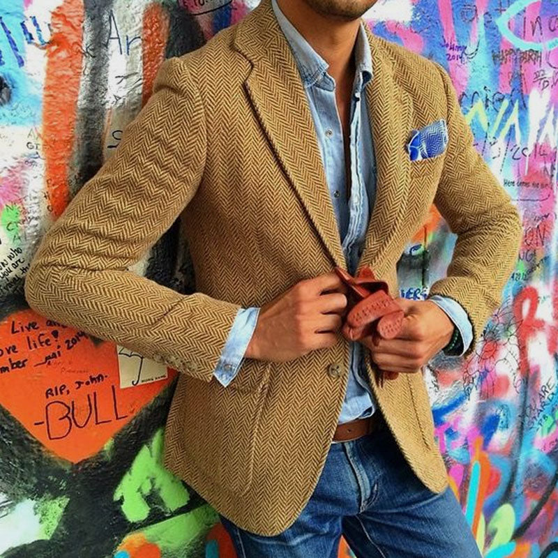 Men's Vintage Herringbone Wool Blend Lapel Single Breasted Blazer 84719153M