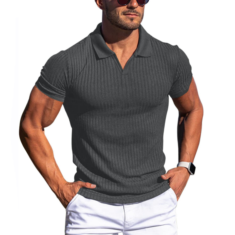 【24-hour shipping out】Men's Solid Striped Lapel Short Sleeve Polo Shirt 66319205Z