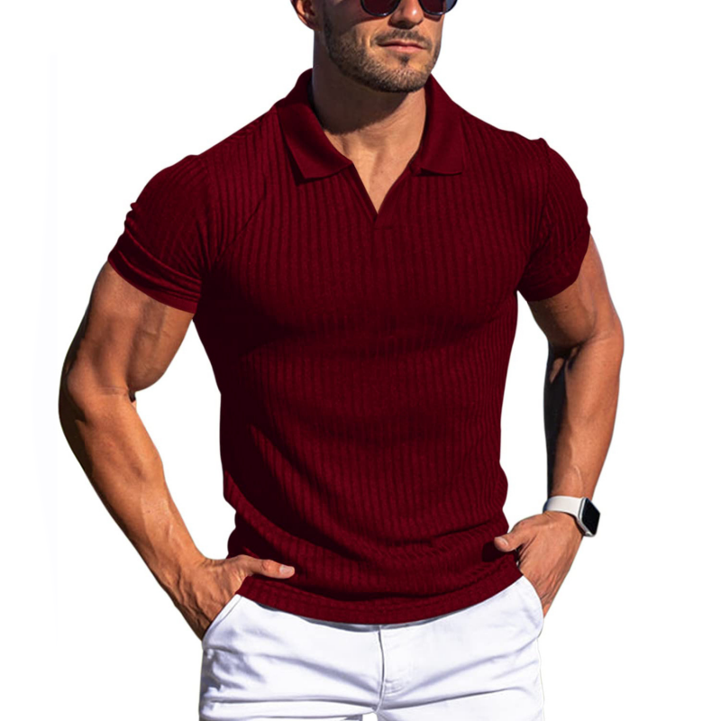 【24-hour shipping out】Men's Solid Striped Lapel Short Sleeve Polo Shirt 66319205Z