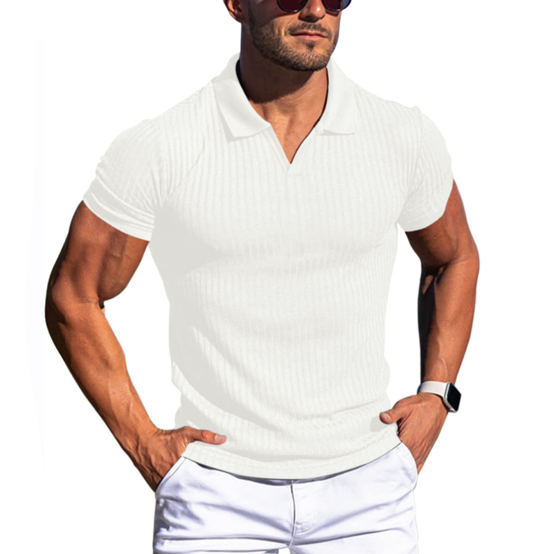 【24-hour shipping out】Men's Solid Striped Lapel Short Sleeve Polo Shirt 66319205Z