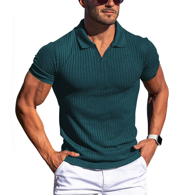 【24-hour shipping out】Men's Solid Striped Lapel Short Sleeve Polo Shirt 66319205Z