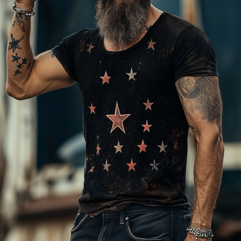 【24-hour shipping out】Men's Retro Casual Star Universe Printed Round Neck Short Sleeve T-Shirt MTA2112C7TO