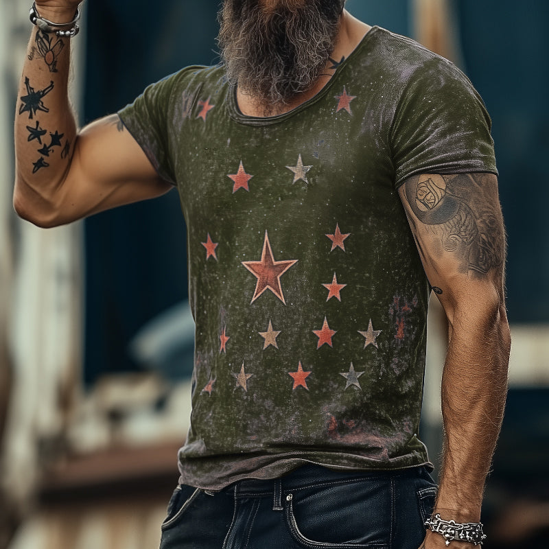 【24-hour shipping out】Men's Retro Casual Star Universe Printed Round Neck Short Sleeve T-Shirt MTA2112C7TO