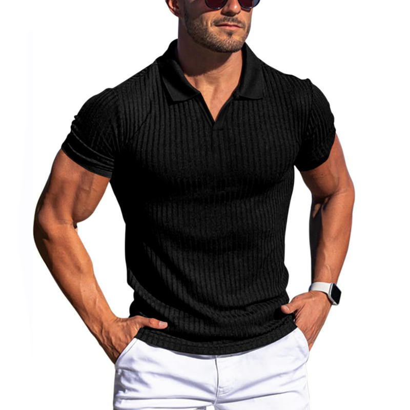 【24-hour shipping out】Men's Solid Striped Lapel Short Sleeve Polo Shirt 66319205Z