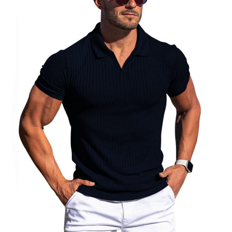 【24-hour shipping out】Men's Solid Striped Lapel Short Sleeve Polo Shirt 66319205Z