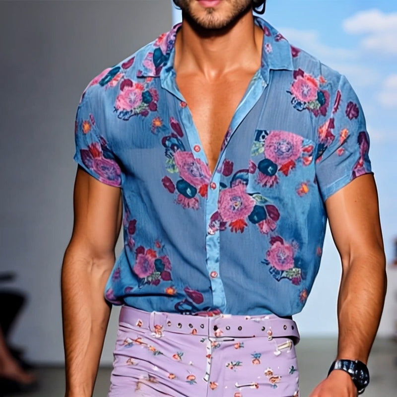 【24-hour shipping out】Men's Retro Casual Mesh Printed Floral Lapel Short Sleeve Shirt MTA1435D2TO