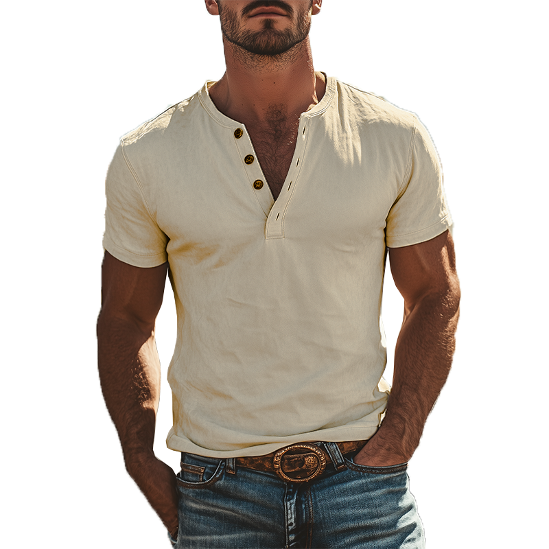 【24-hour shipping out】Men's Classic American Vintage Henley Collar Suede Short Sleeve T-Shirt 18517480K