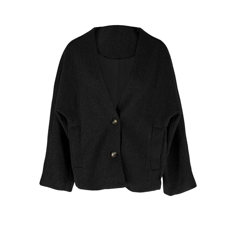 Women’s UK Wool Blend Coat – Buttoned Pocket Mid-Length for Autumn & Winter
