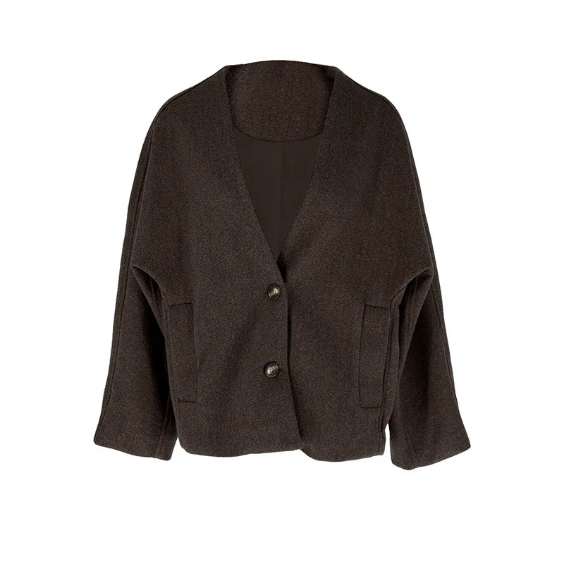 Women’s UK Wool Blend Coat – Buttoned Pocket Mid-Length for Autumn & Winter
