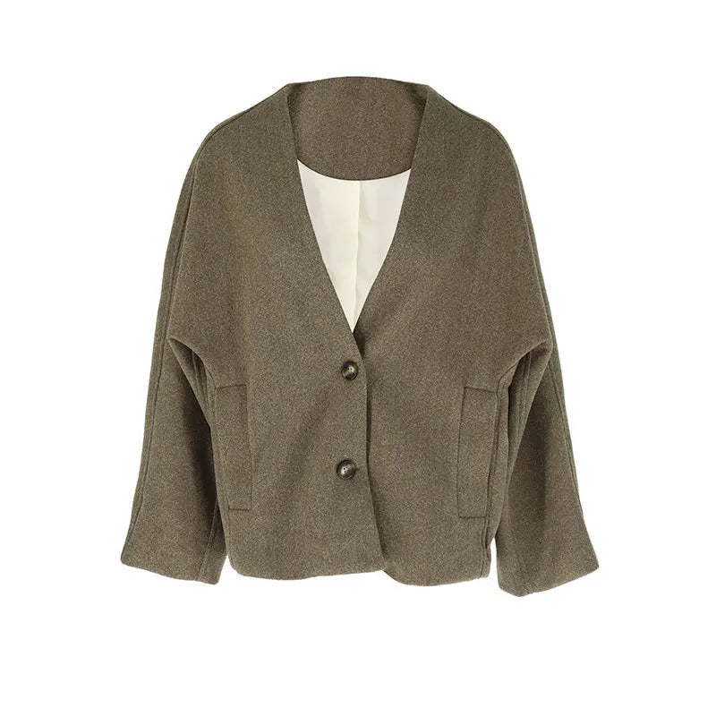 Women’s UK Wool Blend Coat – Buttoned Pocket Mid-Length for Autumn & Winter