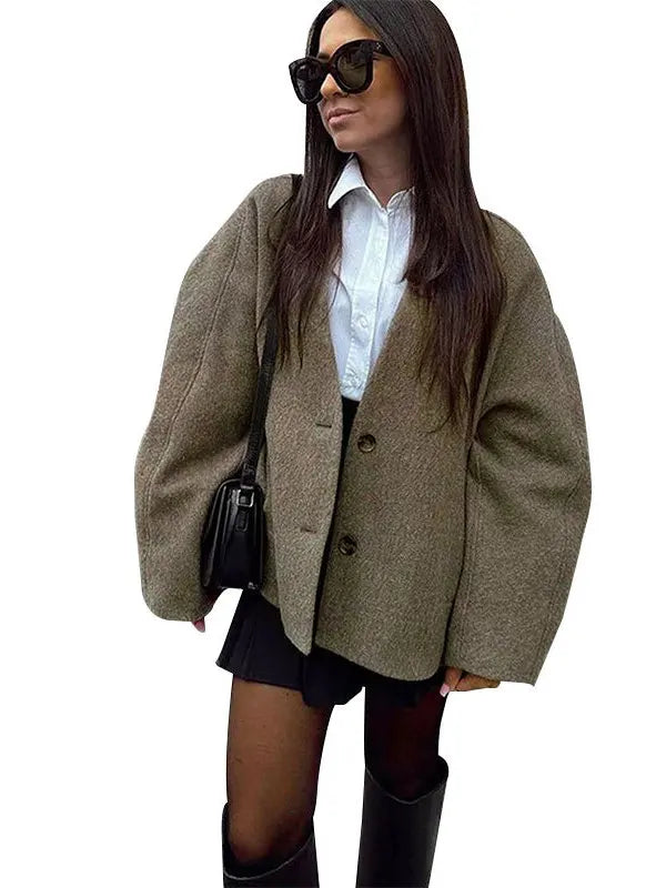 Women’s UK Wool Blend Coat – Buttoned Pocket Mid-Length for Autumn & Winter
