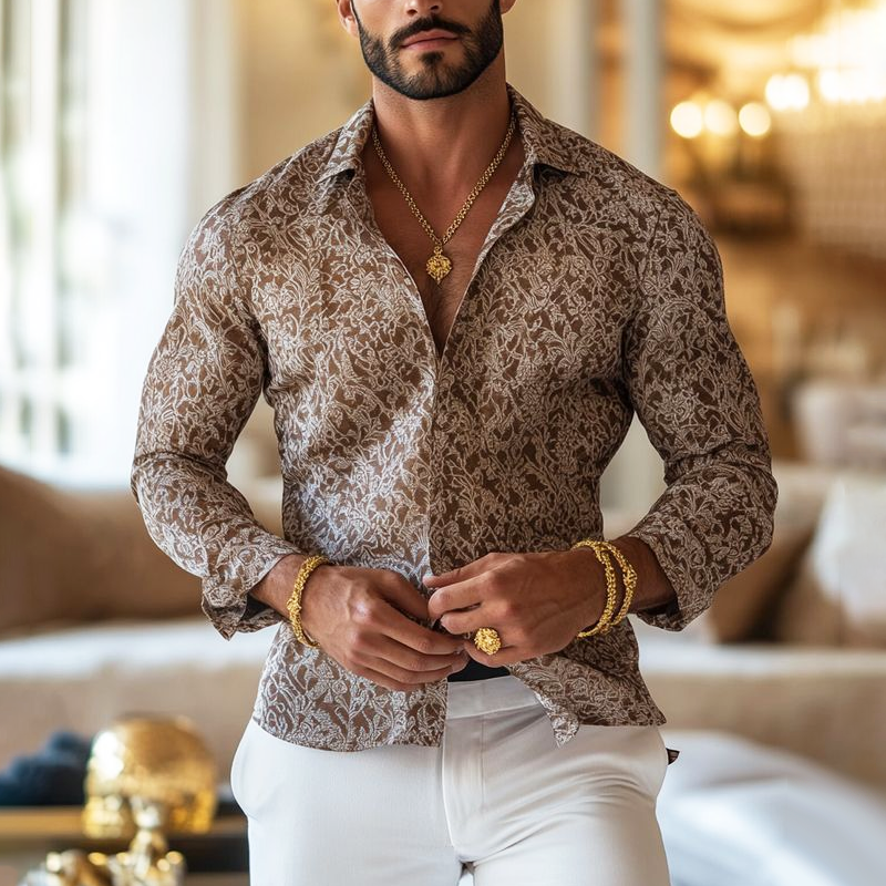 Men's Vintage Print Lapel Long Sleeve Shirt MTA1900F3Z