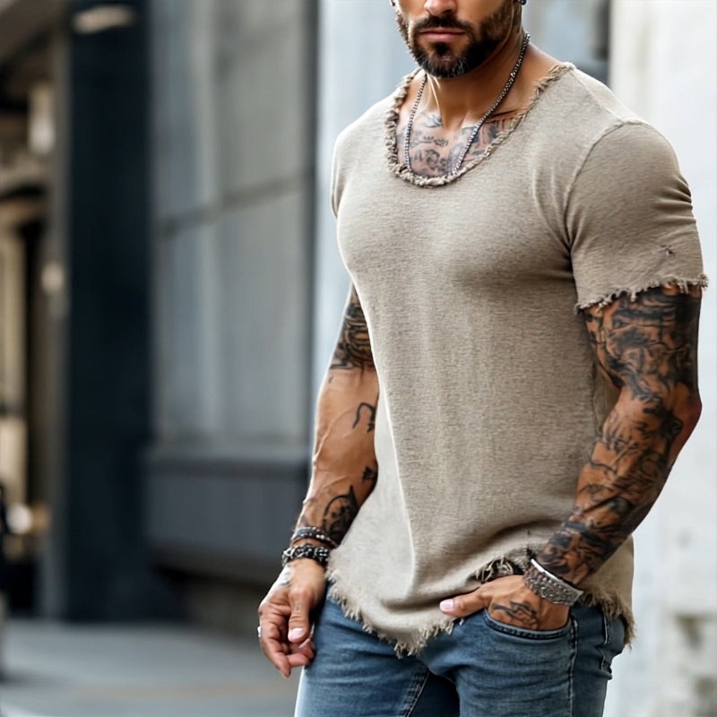 【24-hour shipping out】Men's Retro Casual Raw Edge Ripped Round Neck Short Sleeve T-Shirt MTA2587D5TO