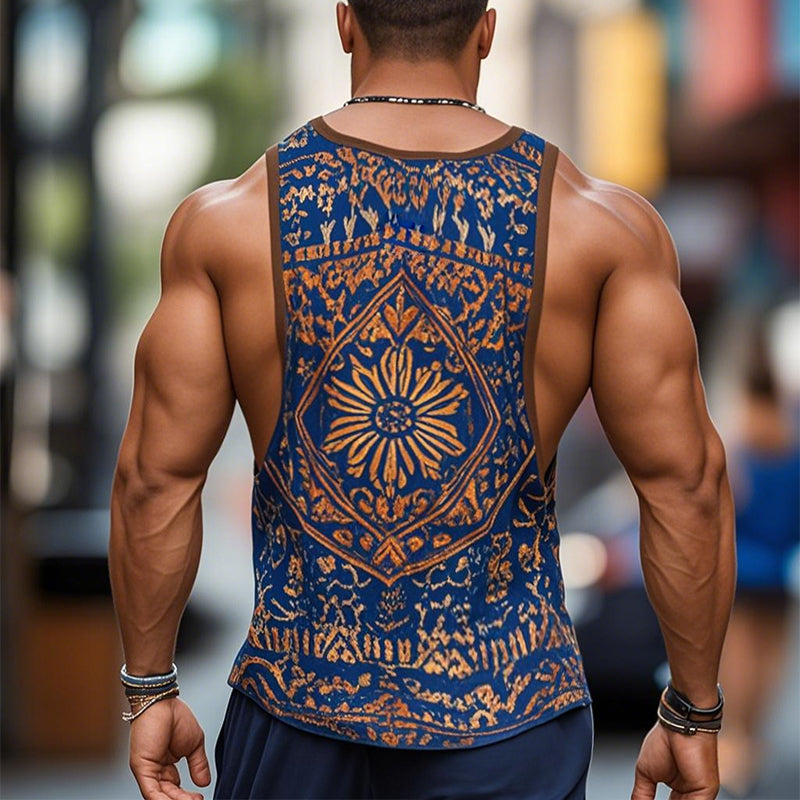 【24-hour shipping out】Men's Retro Casual Ethnic Style Geometric Print Round Neck Tank Top 99953934TO