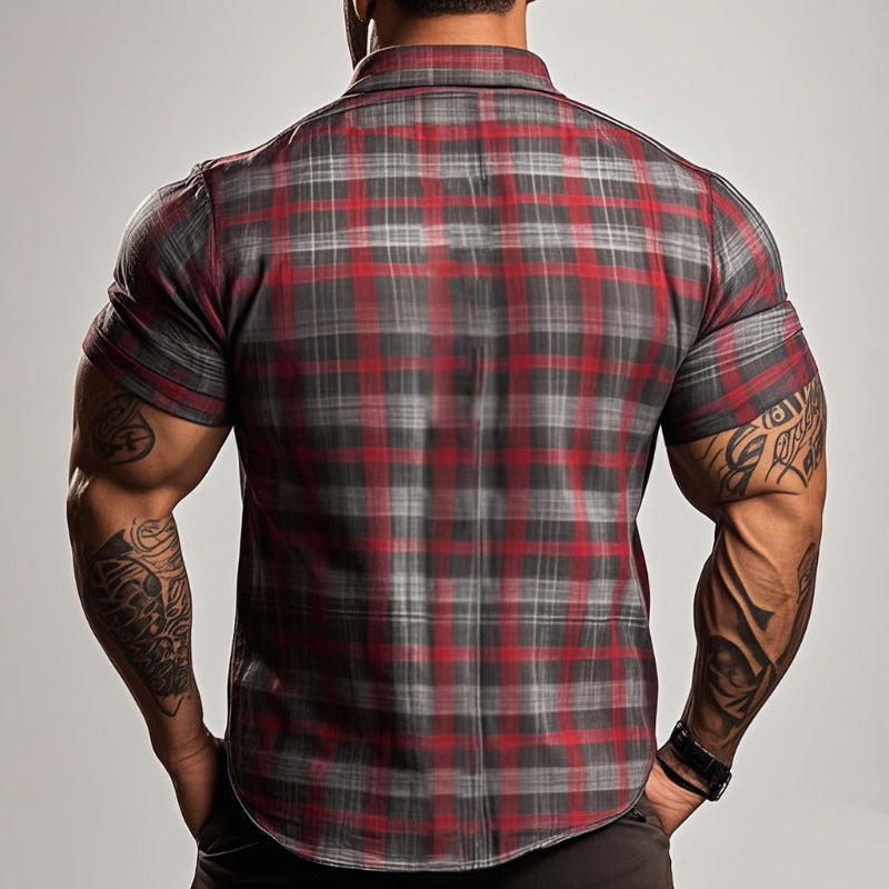 【24-hour shipping out】Men's Retro Casual Plaid Print Lapel Short Sleeve Shirt MTA1782C7TO