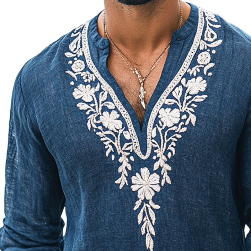 【24-hour shipping out】Men's Vintage Casual Embroidered Cotton and Linen Henley Collar Long Sleeve Shirt 39916816TO