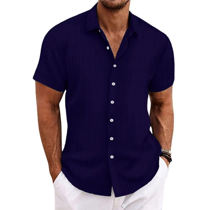 【24-hour shipping out】Men's Cotton Linen Stripe Print Loose Short Sleeve Lapel Shirt 89995369X
